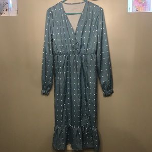 Large Polka Dot Ruffled slit long sleeve midi dress